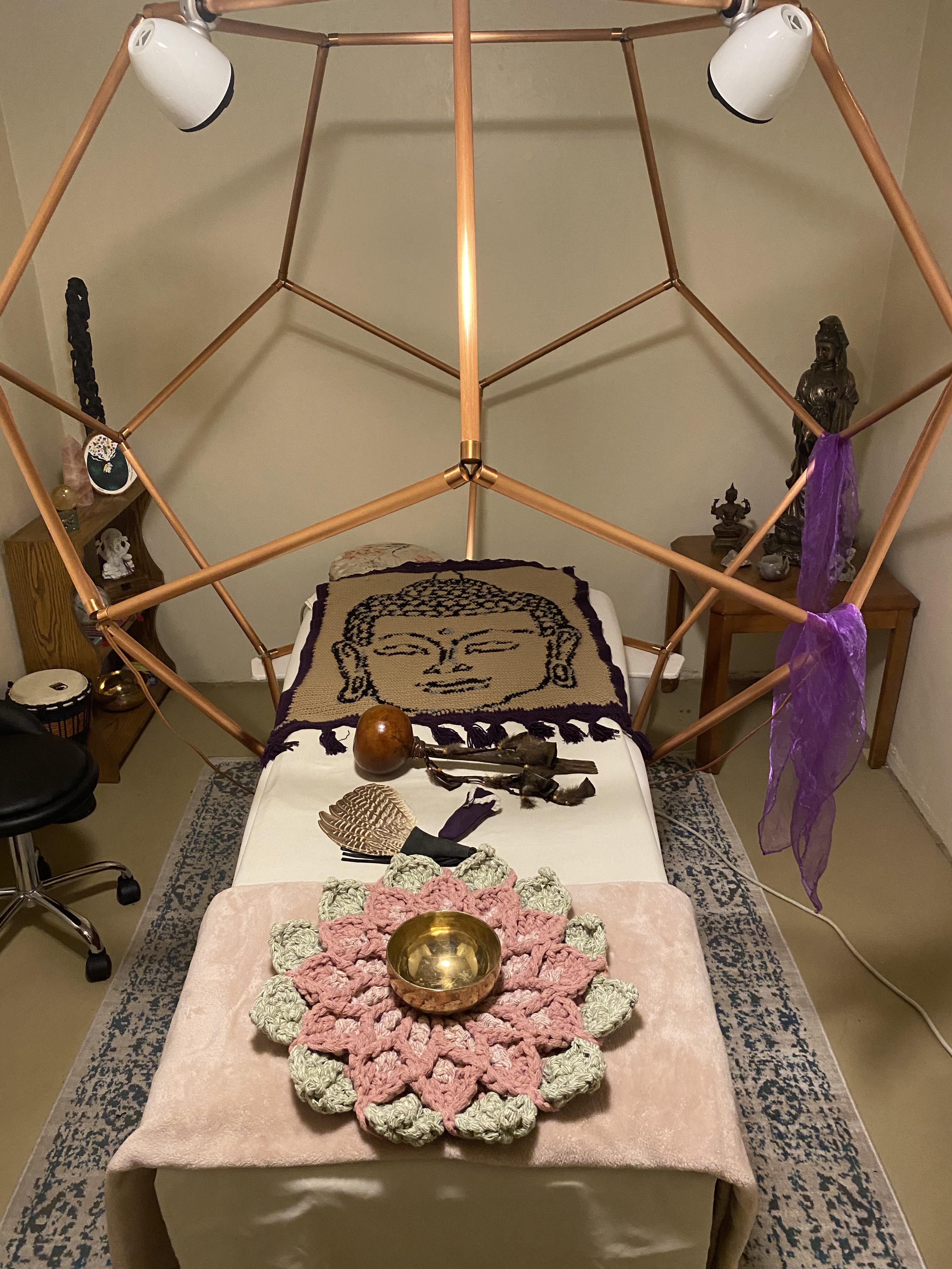 The DreamWeaver chamber at Cenote Studio — a copper geodesic dome with healing altar